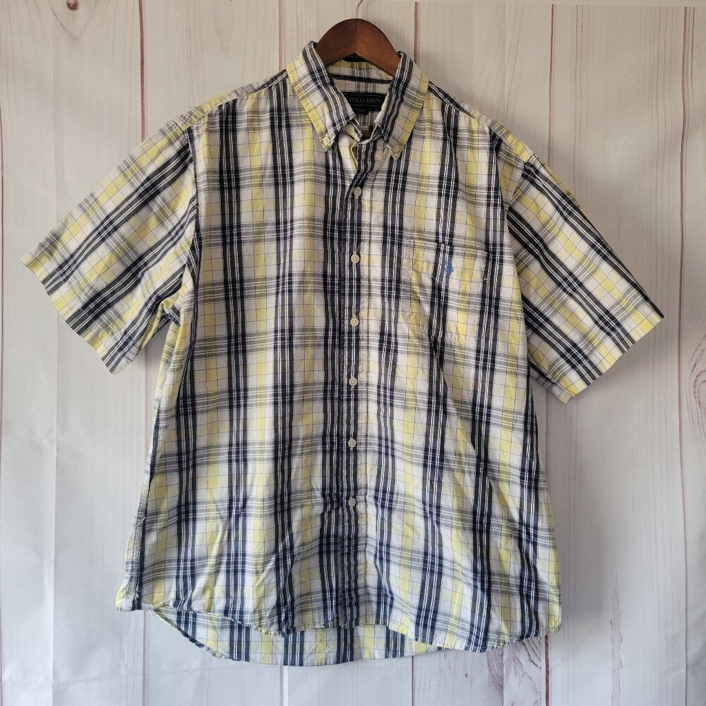 US Polo Assn. Men’s XL Plaid Short-Sleeve Shirt, 100% Cotton, Blue/White/Yellow